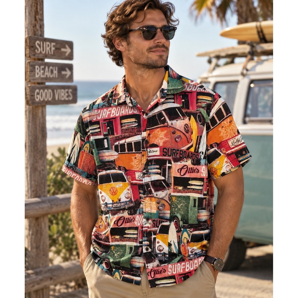 Red Camel Mens Size M Multicolor Vintage Surf Van Graphic Short Sleeve Shirt